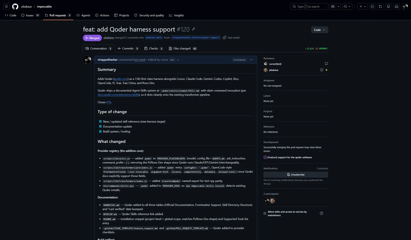 Pull request #120 on Impeccable showing the Merged badge and feature summary for Qoder harness support