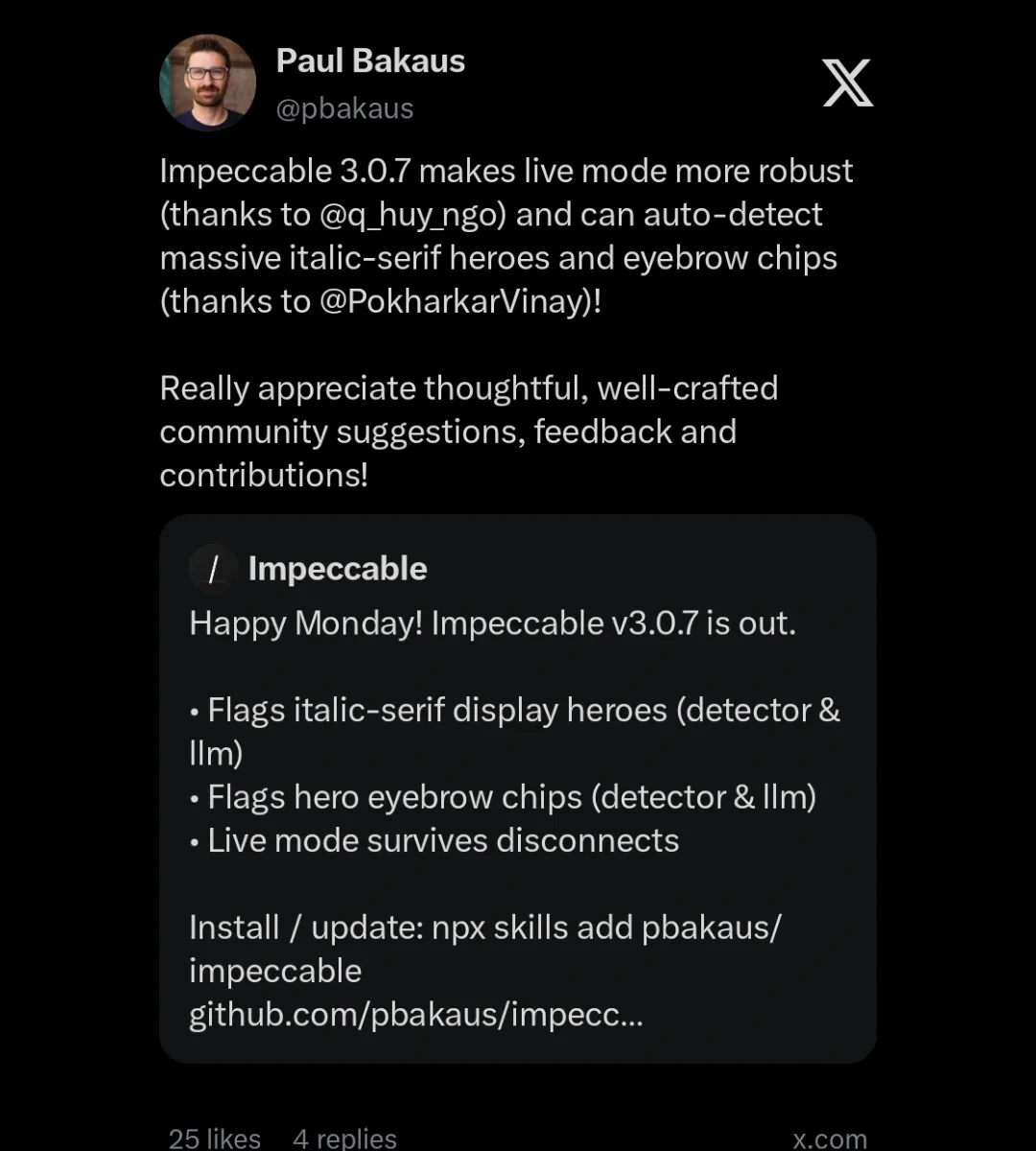 Paul Bakaus tweet announcing Impeccable 3.0.7 and tagging @PokharkarVinay for the italic-serif and eyebrow-chip detector contributions